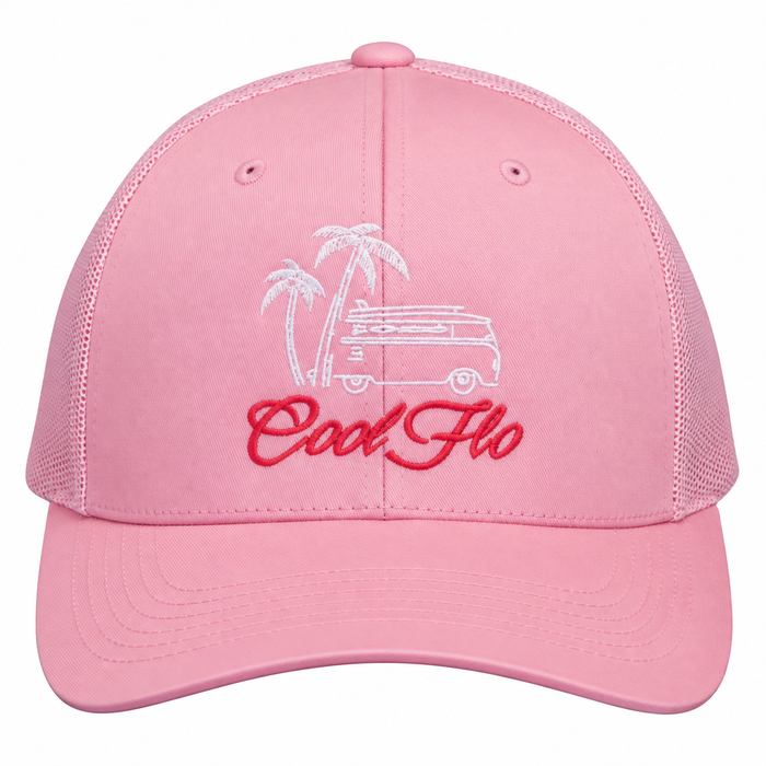 Cool Flo Surf Bus trucker cap in Pink featuring embroidered Surf Bus artwork and breathable mesh back panels.