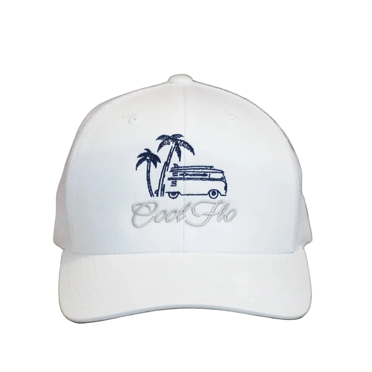 Cool Flo Surf Bus trucker cap in White featuring embroidered surf bus, palm tree and sun artwork with breathable mesh back panels - front view