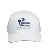 Cool Flo Surf Bus trucker cap in White featuring embroidered surf bus, palm tree and sun artwork with breathable mesh back panels - front view