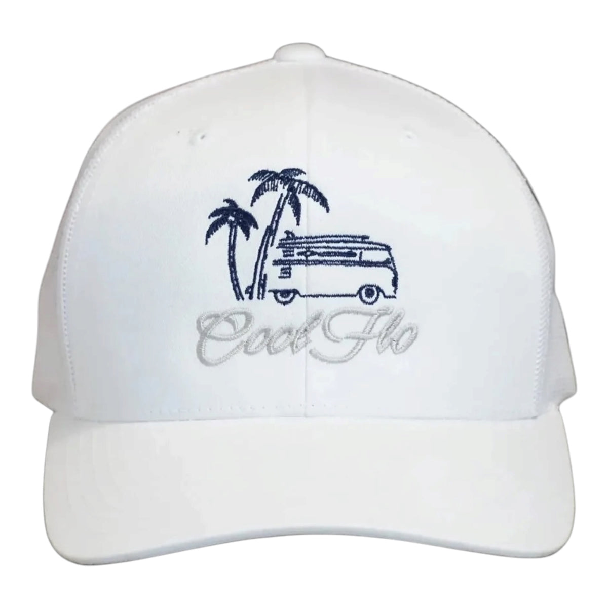 Cool Flo Surf Bus trucker cap in White featuring embroidered surf bus, palm tree and sun artwork with breathable mesh back panels - front view