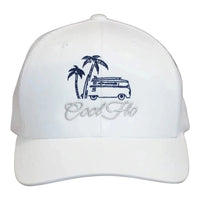 Cool Flo Surf Bus trucker cap in White featuring embroidered surf bus, palm tree and sun artwork with breathable mesh back panels - front view