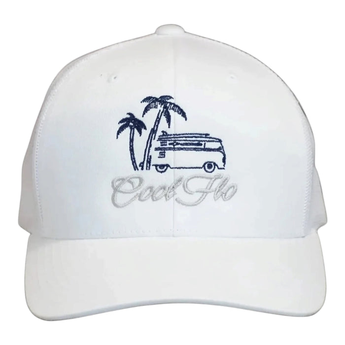 Cool Flo Surf Bus trucker cap in White featuring embroidered surf bus, palm tree and sun artwork with breathable mesh back panels - front view
