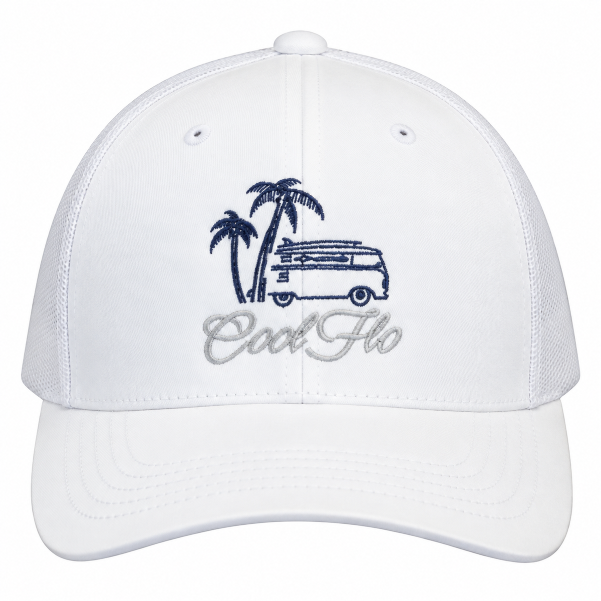 Cool Flo Surf Bus trucker cap in White featuring embroidered surf bus, palm tree and sun artwork with breathable mesh back panels - front view.