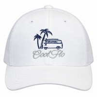 Cool Flo Surf Bus trucker cap in White featuring embroidered surf bus, palm tree and sun artwork with breathable mesh back panels - front view.