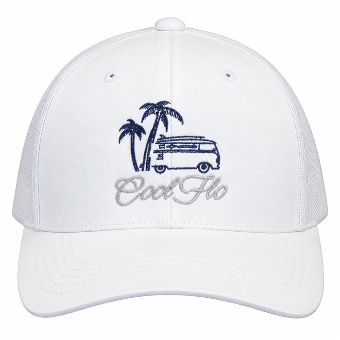 Cool Flo Surf Bus trucker cap in White featuring embroidered surf bus, palm tree and sun artwork with breathable mesh back panels - front view.
