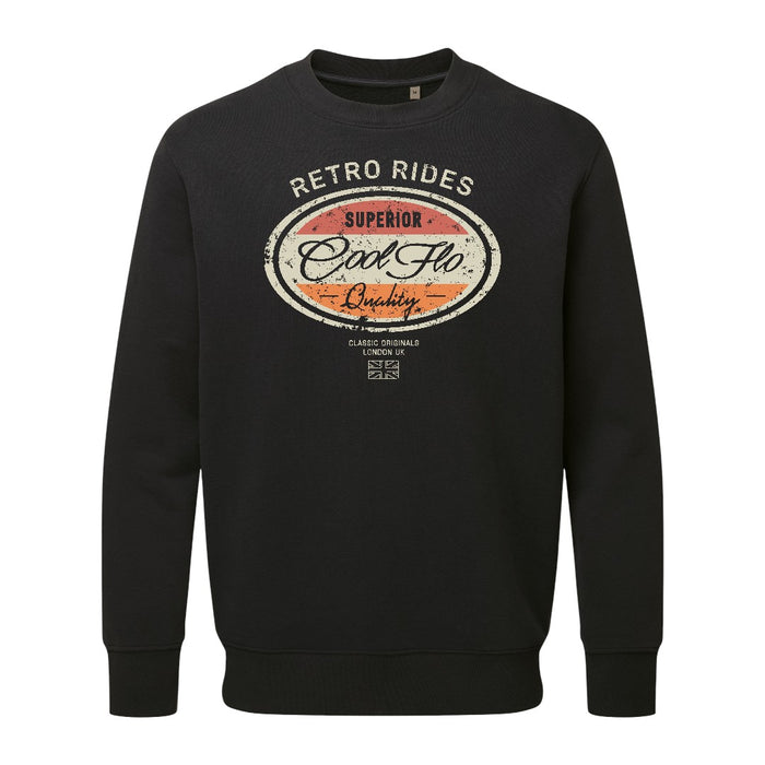 Cool Flo Retro Rides black sweatshirt with red, orange and cream print design.