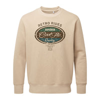 Cool Flo Retro Rides sand sweatshirt with brown, green and teal print design