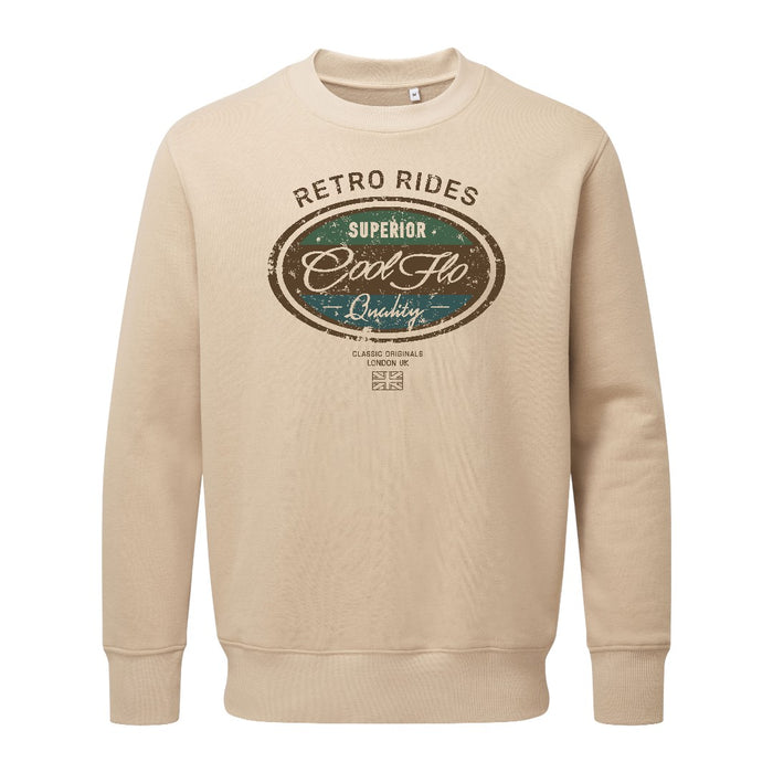 Cool Flo Retro Rides sand sweatshirt with brown, green and teal print design
