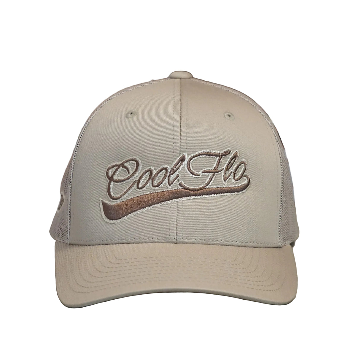 Front view of a Cool Flo Khaki trucker cap featuring a raised 3D embroidered Cool Flo Swoosh logo in Brown and a curved visor
