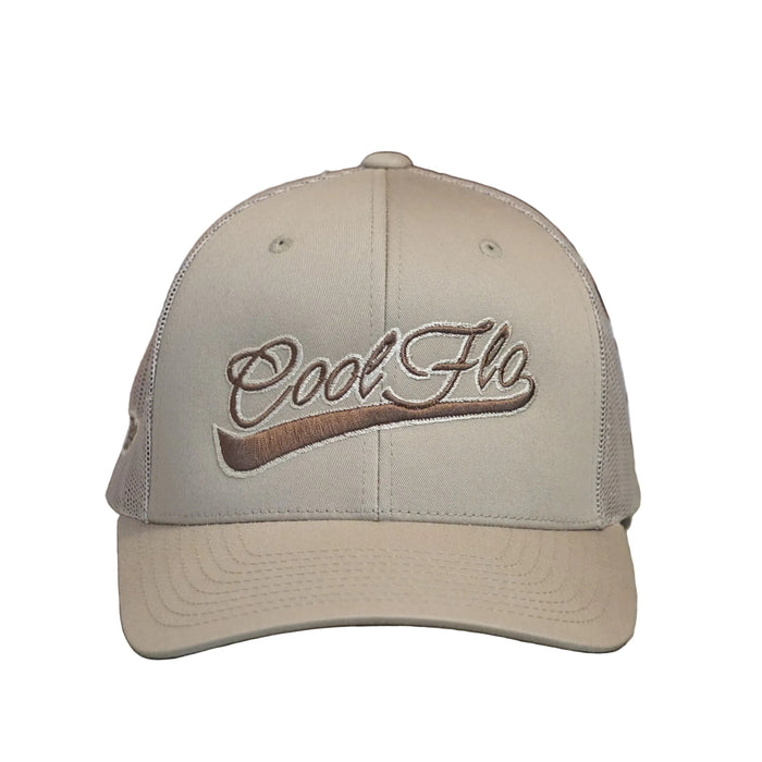 Front view of a Cool Flo Khaki trucker cap featuring a raised 3D embroidered Cool Flo Swoosh logo in Brown and a curved visor