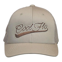 Front view of a Cool Flo Khaki trucker cap featuring a raised 3D embroidered Cool Flo Swoosh logo in Brown and a curved visor