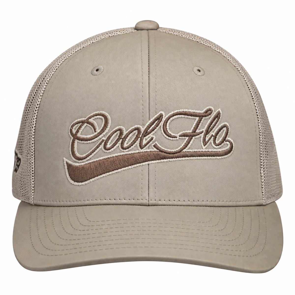 Front view of a Cool Flo Khaki trucker cap featuring a raised 3D embroidered Cool Flo Swoosh logo in Brown and a curved visor.