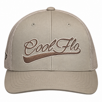 Front view of a Cool Flo Khaki trucker cap featuring a raised 3D embroidered Cool Flo Swoosh logo in Brown and a curved visor.