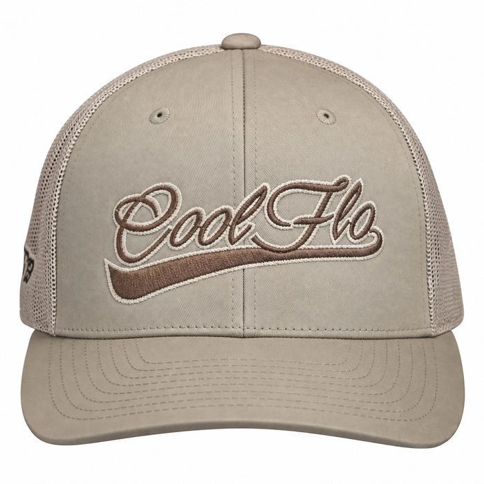 Front view of a Cool Flo Khaki trucker cap featuring a raised 3D embroidered Cool Flo Swoosh logo in Brown and a curved visor.