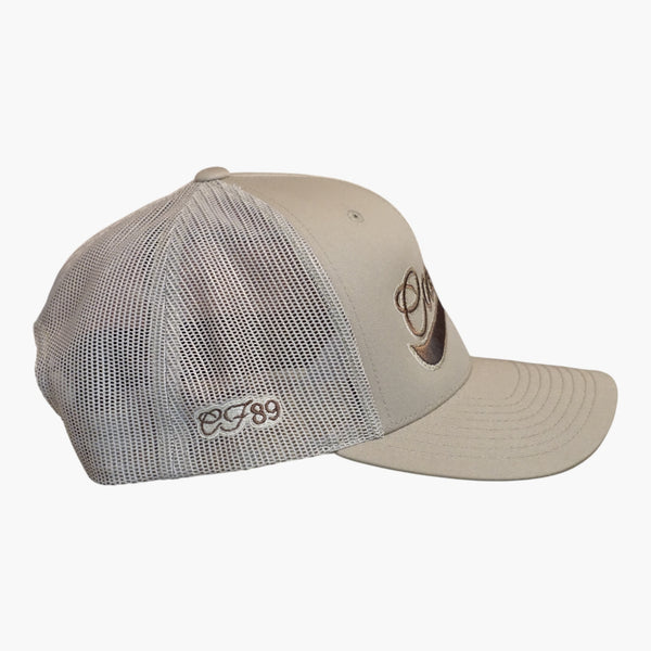 Right side view of a Cool Flo Khaki trucker cap featuring CF89 embroidered side detail, breathable mesh back panels and adjustable snapback fastening