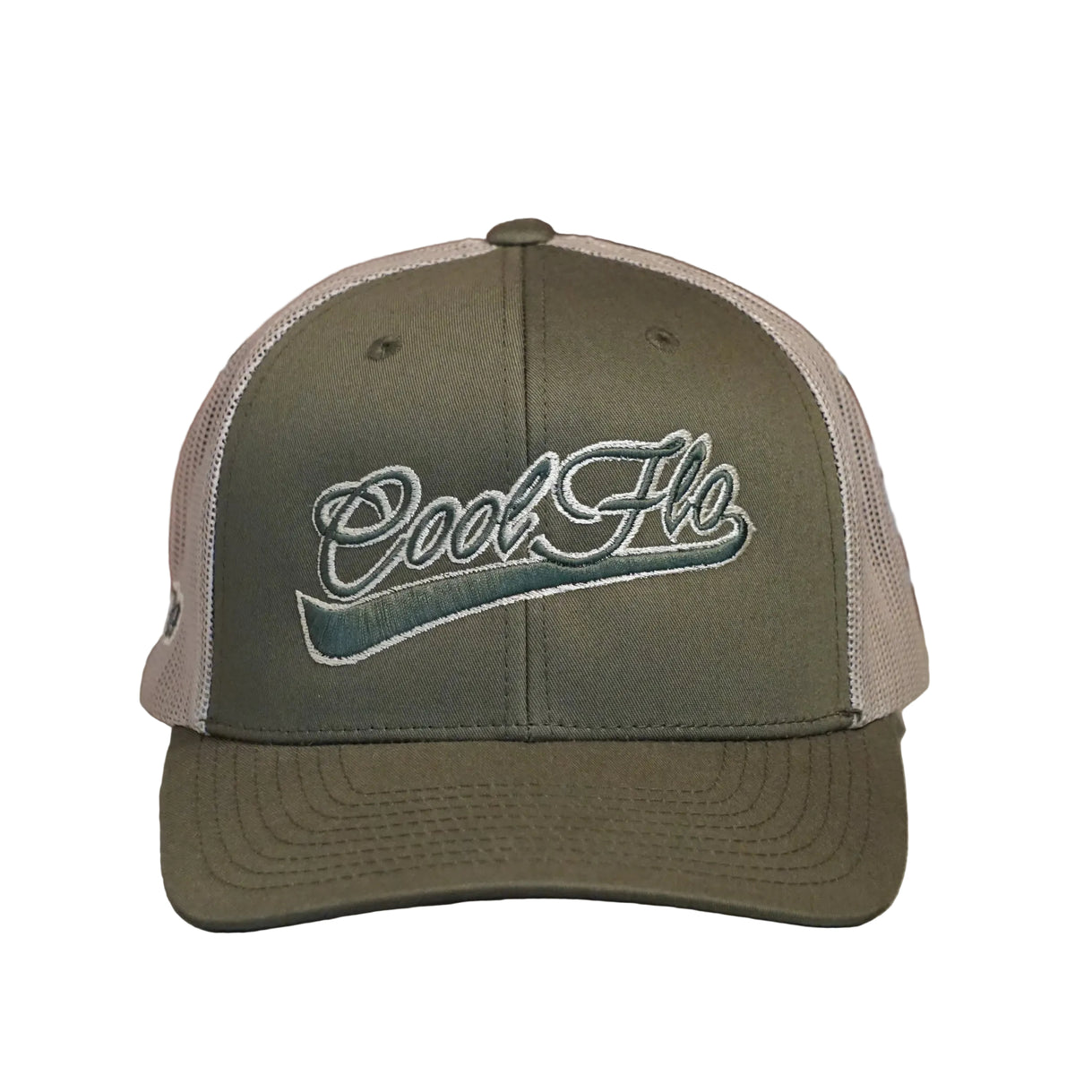 Front view of a Cool Flo Moss/Khaki trucker cap featuring a raised 3D embroidered Swoosh logo in Moss/Khaki and a curved visor