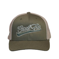Front view of a Cool Flo Moss/Khaki trucker cap featuring a raised 3D embroidered Swoosh logo in Moss/Khaki and a curved visor