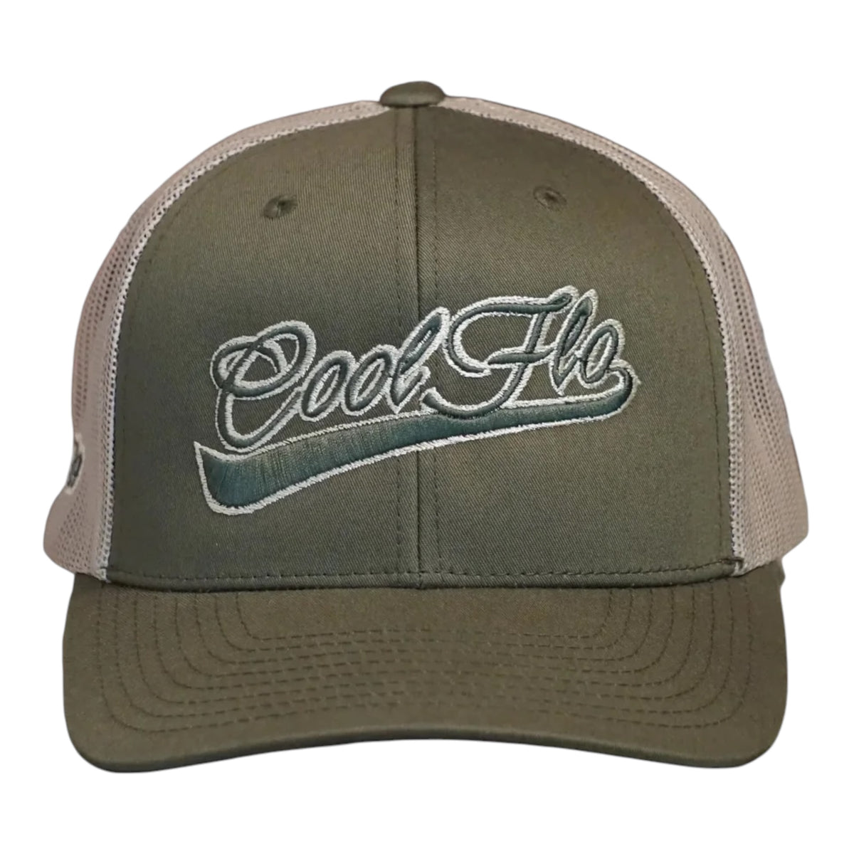 Front view of a Cool Flo Moss/Khaki trucker cap featuring a raised 3D embroidered Swoosh logo in Moss/Khaki and a curved visor