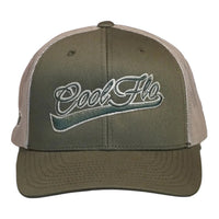 Front view of a Cool Flo Moss/Khaki trucker cap featuring a raised 3D embroidered Swoosh logo in Moss/Khaki and a curved visor