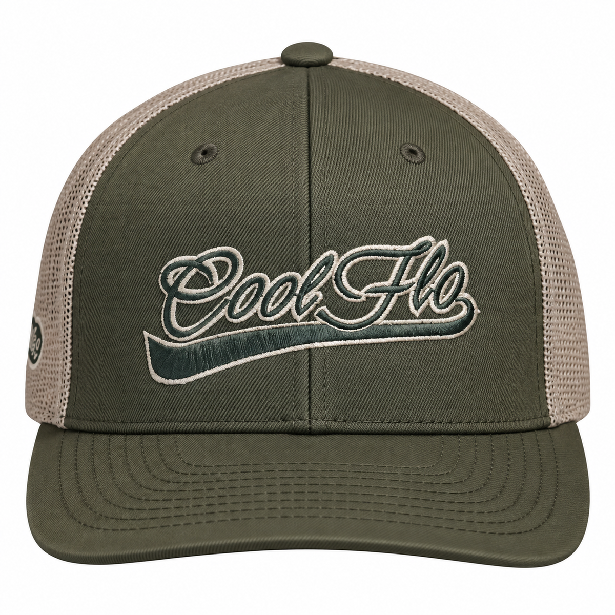Front view of a Cool Flo Moss/Khaki trucker cap featuring a raised 3D embroidered Swoosh logo in Moss/Khaki and a curved visor.