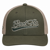 Front view of a Cool Flo Moss/Khaki trucker cap featuring a raised 3D embroidered Swoosh logo in Moss/Khaki and a curved visor.