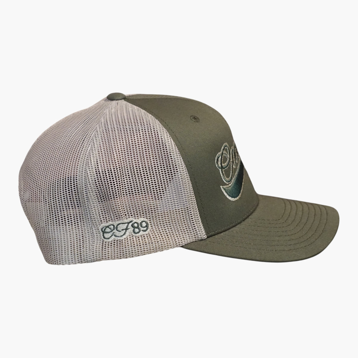 Right side view of a Cool Flo Moss/Khaki trucker cap featuring CF89 embroidered side detail, breathable mesh back panels and adjustable snapback fastening