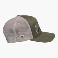Right side view of a Cool Flo Moss/Khaki trucker cap featuring CF89 embroidered side detail, breathable mesh back panels and adjustable snapback fastening