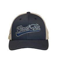 Front view of a Cool Flo Navy/Silver trucker cap featuring a raised 3D embroidered Swoosh logo in Navy/Silver and a curved visor