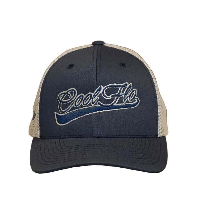 Front view of a Cool Flo Navy/Silver trucker cap featuring a raised 3D embroidered Swoosh logo in Navy/Silver and a curved visor