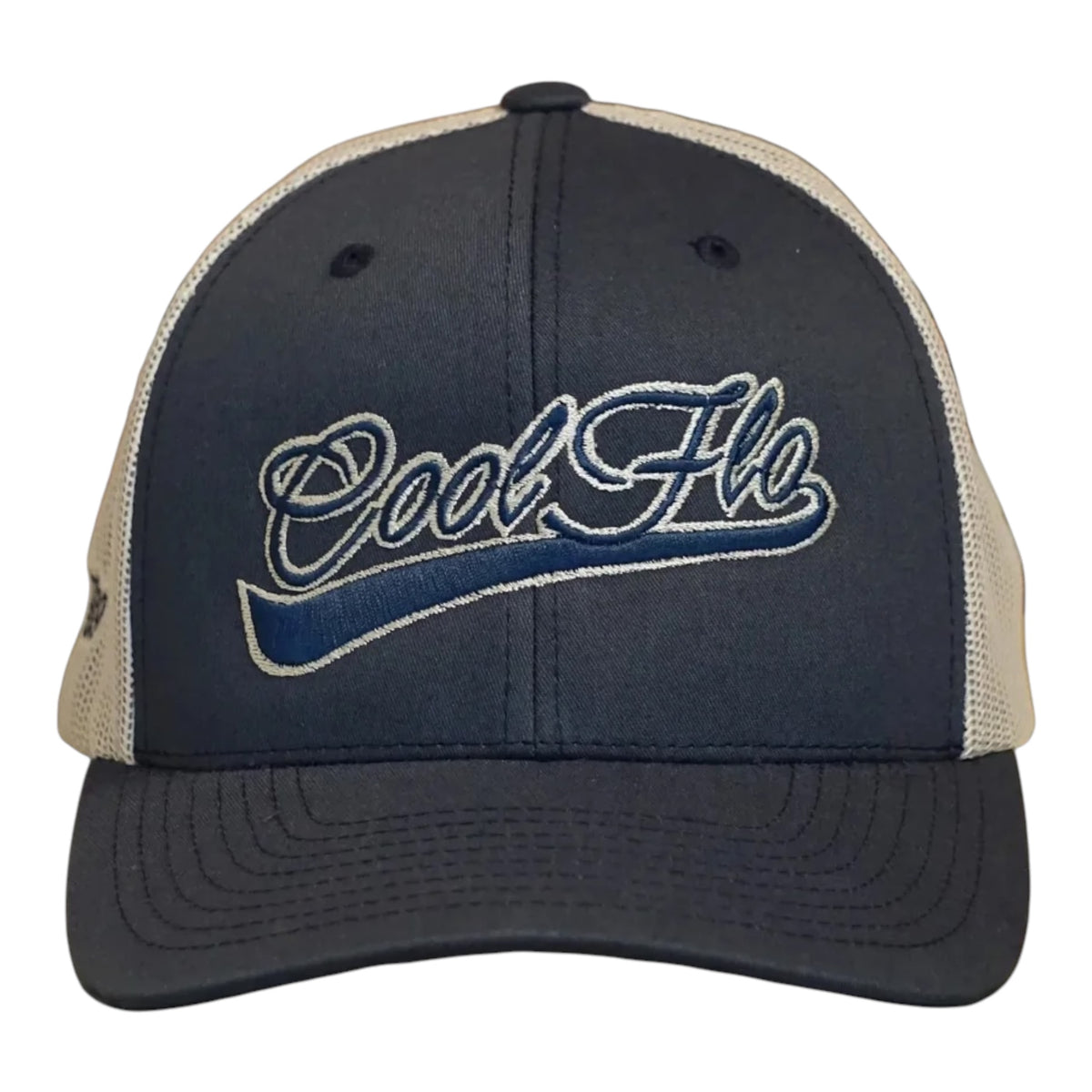 Front view of a Cool Flo Navy/Silver trucker cap featuring a raised 3D embroidered Swoosh logo in Navy/Silver and a curved visor