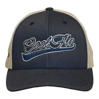 Front view of a Cool Flo Navy/Silver trucker cap featuring a raised 3D embroidered Swoosh logo in Navy/Silver and a curved visor