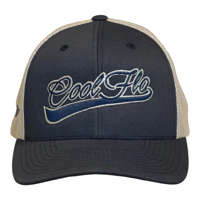 Front view of a Cool Flo Navy/Silver trucker cap featuring a raised 3D embroidered Swoosh logo in Navy/Silver and a curved visor