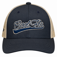 Front view of a Cool Flo Navy/Silver trucker cap featuring a raised 3D embroidered Swoosh logo in Navy/Silver and a curved visor.