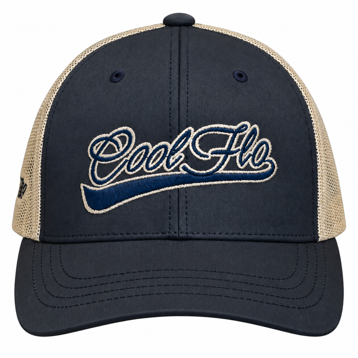 Front view of a Cool Flo Navy/Silver trucker cap featuring a raised 3D embroidered Swoosh logo in Navy/Silver and a curved visor.