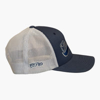 Right side view of a Cool Flo Navy/Silver trucker cap featuring CF89 embroidered side detail, breathable mesh back panels and adjustable snapback fastening