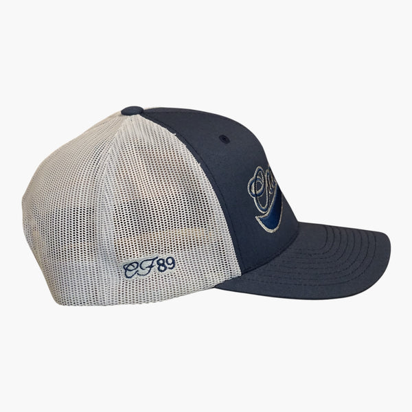 Right side view of a Cool Flo Navy/Silver trucker cap featuring CF89 embroidered side detail, breathable mesh back panels and adjustable snapback fastening