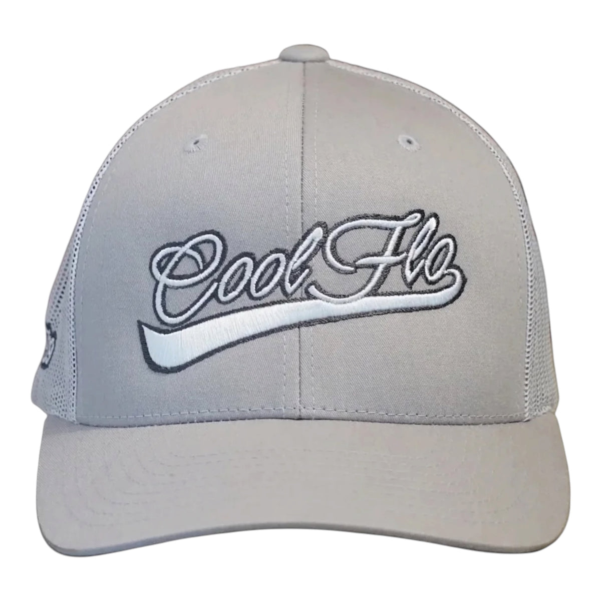 Front view of a Cool Flo Silver trucker cap featuring a raised 3D embroidered Swoosh logo in Silver and Dark Grey and a curved visor