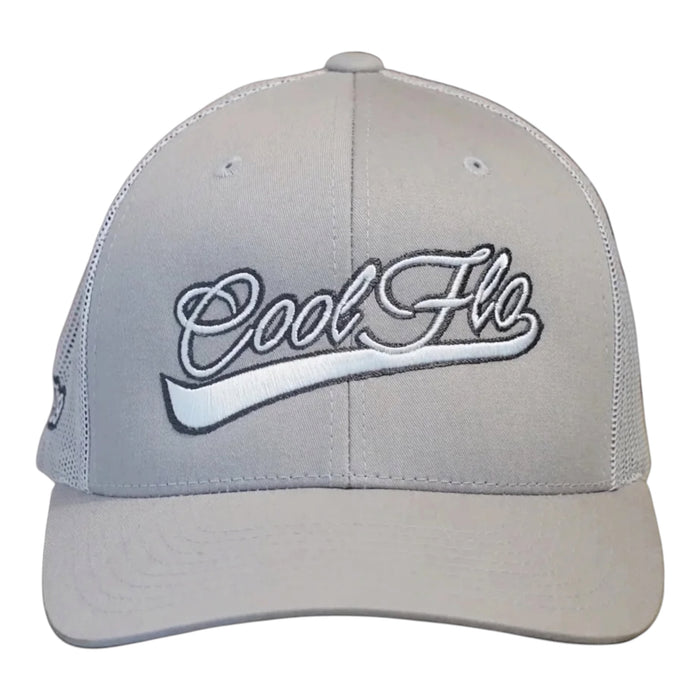 Front view of a Cool Flo Silver trucker cap featuring a raised 3D embroidered Swoosh logo in Silver and Dark Grey and a curved visor