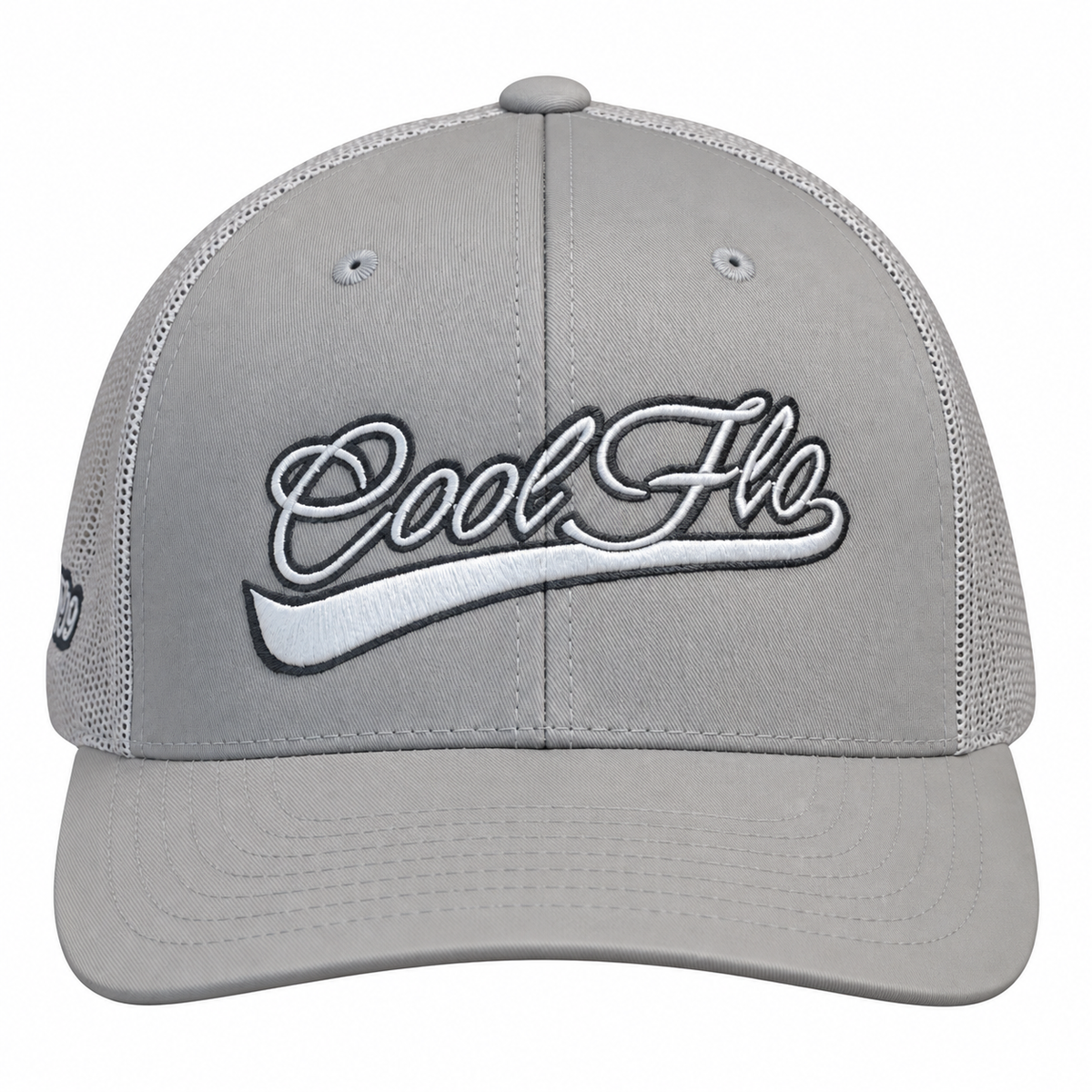 Front view of a Cool Flo Silver trucker cap featuring a raised 3D embroidered Swoosh logo in Silver and Dark Grey and a curved visor.