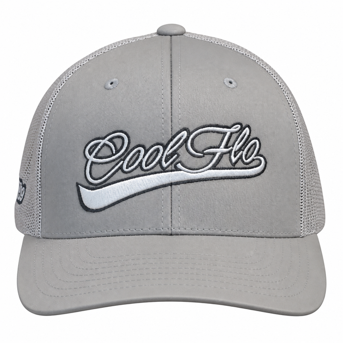 Front view of a Cool Flo Silver trucker cap featuring a raised 3D embroidered Swoosh logo in Silver and Dark Grey and a curved visor.