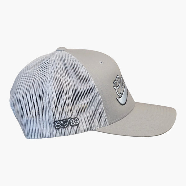 Right side view of a Cool Flo Silver trucker cap featuring CF89 embroidered side detail, breathable mesh back panels and adjustable snapback fastening
