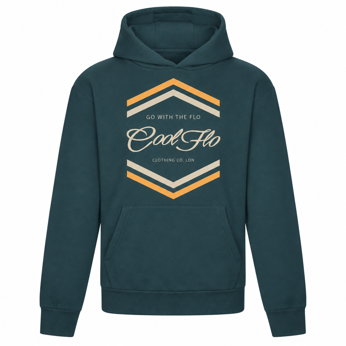 Cool Flo Chevron teal hoodie with cream and yellow chest print