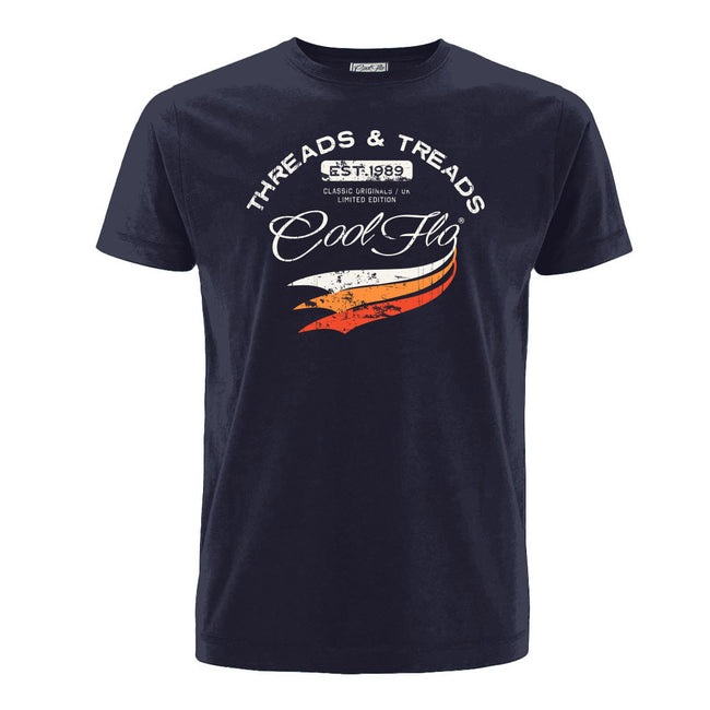 Cool Flo 'Threads and Treads' navy tee with white and orange print on the front. 