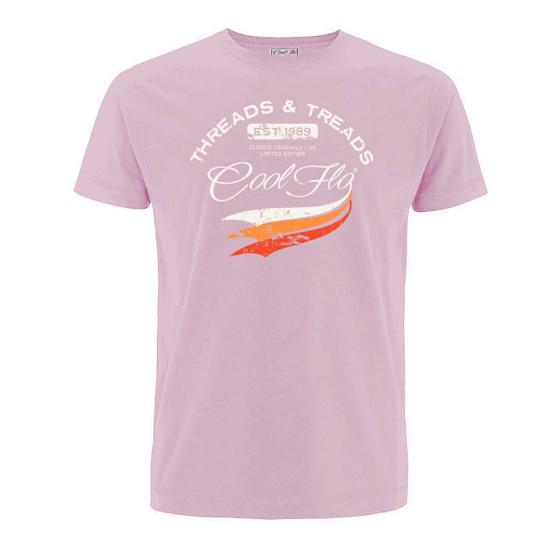 Cool Flo 'Threads and Treads' pink tee with white and orange print on the front. 