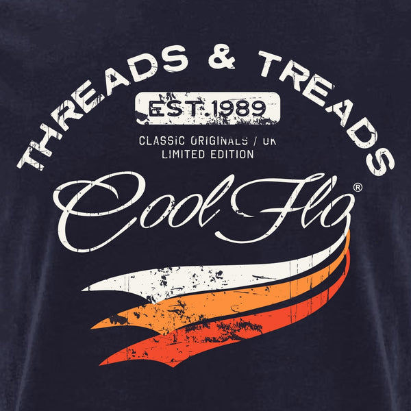 Cool Flo 'Threads and Treads' navy tee with white and orange print on the front. 