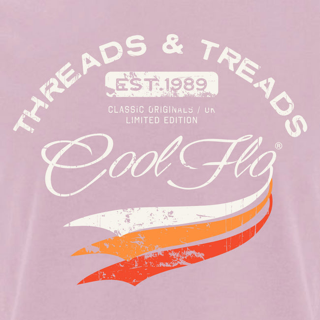 Cool Flo 'Threads and Treads' pink tee with white and orange print on the front. 