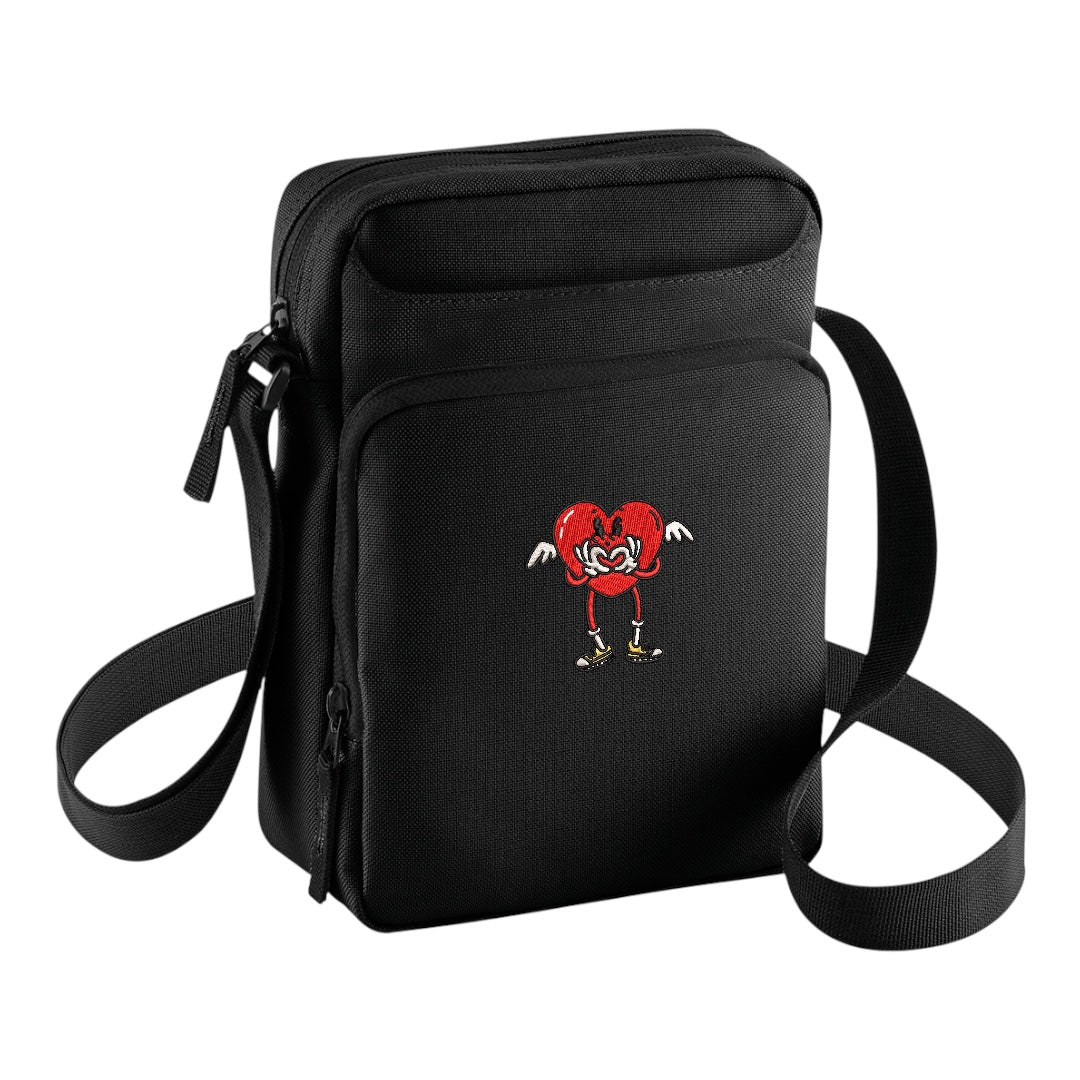 Centreforce Radio black cross-body bag with the an embroidered That's the Way Love Is logo on the front pocket.