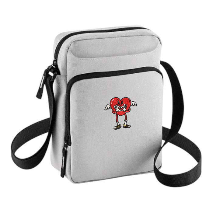 Light grey Centreforce That's the Way Love Is cross-body bag with embroidered heart logo.