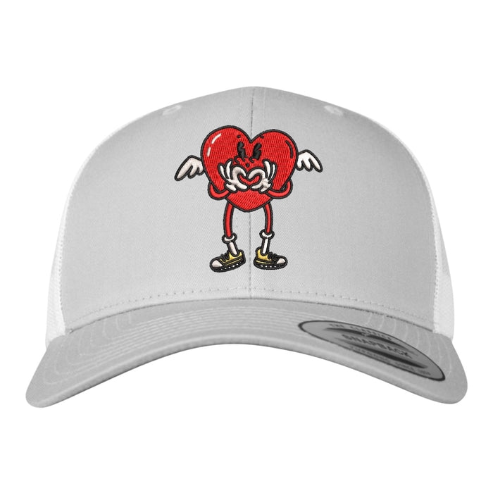 Centreforce Radio's embroidered silver/white trucker cap with That's the Way Love Is heart logo.