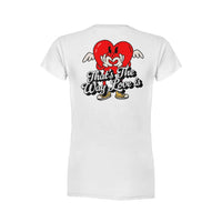 That's the way love is women's white tee shirt with logo on the front and back.